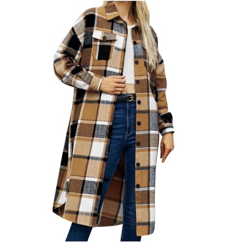 SHECO Strick Winterjacke Damen Eleganter Hahnentritt Print Strickjacke Warme Lange Wolljacke Langarm Cardigan er Mantel mit Umlegekragen Oberbekleidung mit Knopf Übergangsjacke von SHECO