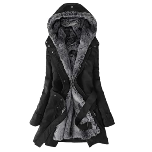 SHECO Winterjacke Damen Warm Kunstfell Elegant Lang Steppmantel Gefüttert Winddicht Winterparka Wintermantel Parka Jacke Warmer Halbdicker Frauen Winter Feiner Kapuze Und Kunstpelz Windjacke von SHECO