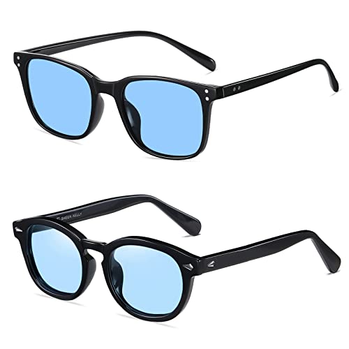 SHEEN KELLY 2 stücke TR90 Polarisierte Tony Stark Retro Quadrat Sonnenbrille + Johnny Depp Runde Sonnenbrille Für Männer Frauen Blaue Objektivgläser von SHEEN KELLY