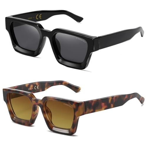 SHEEN KELLY 2PCS Retro Dicke Rechteck Chunky Sonnenbrille Frauen Männer Trendy Narrow Square Schwarz Tortie Frame Mode 90er Jahre Y2K Brillen von SHEEN KELLY