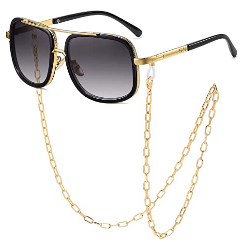 SHEEN KELLY Übergroße Retro-Ketten-Pilot-Sonnenbrille-Quadrat-Rahmen Gold Metall für Männer Frauen schwarze Linse von SHEEN KELLY