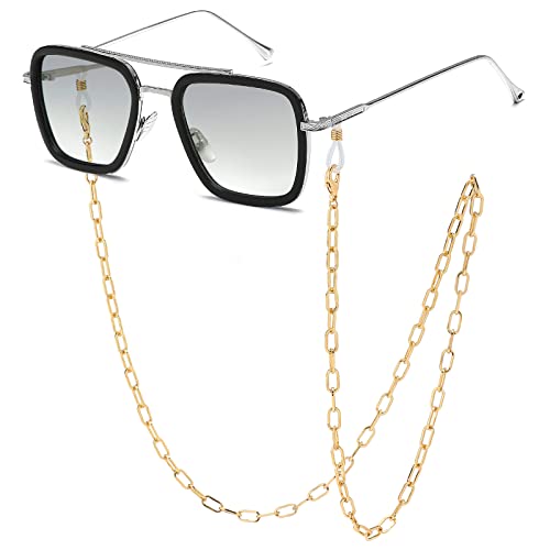 SHEEN KELLY Übergroße Spider Man Edith Brille Tony Stark Sonnenbrille Retro Kette Quadratischer Silberner Rahmen Hellgraue Linse Mit Blauer Innenbeschichtung Für Männer Frauen von SHEEN KELLY