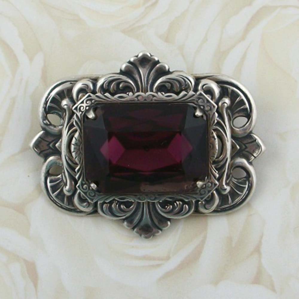 Antik Silber-Finish-Brosche Mit Amethyst Deutsche Glas Stein P-3752-Fa von SHEFashionsJewelry