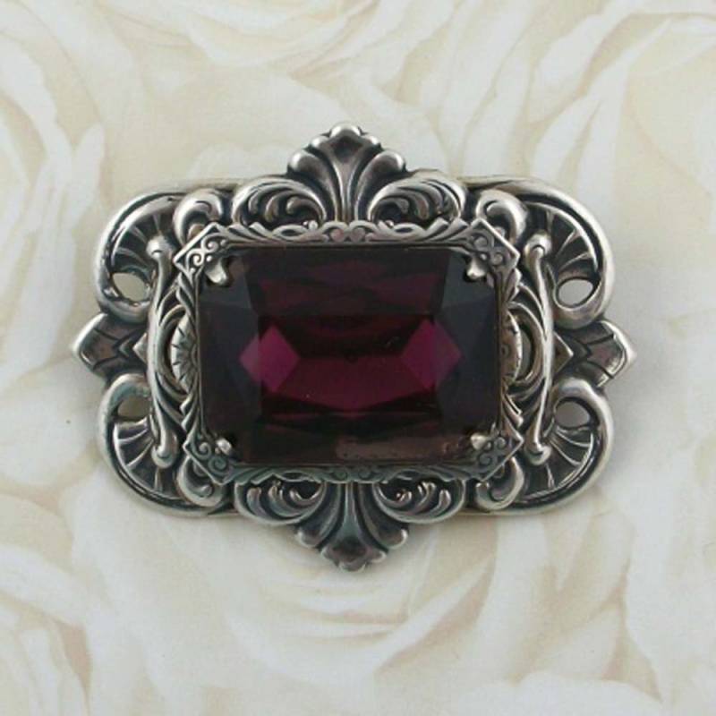 Antik Silber-Finish-Brosche Mit Amethyst Deutsche Glas Stein P-3752-Fa von SHEFashionsJewelry