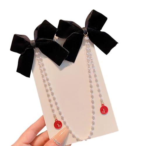 SHEGOTO Elegante Haarspange mit doppelter Schleife für Kinder mit Quasten, Perlen-Designs für kleine Mädchen, für den Alltag und Veranstaltung von SHEGOTO