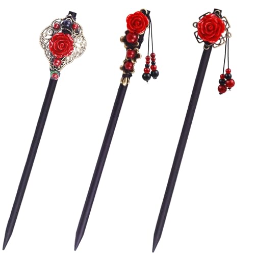 3 Stück Retro Holz Haarstäbchen mit Quasten und Blumen - Vintage Handgemachte Rose Haarschmuck für Frauen und Mädchen von SHEHARUHI
