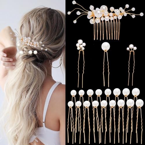 SHEHARUHI 21 Stück Gold Hochzeit Braut Haarschmuck Perlen Haarnadeln U-förmige Haarkämme Haarspangen Kopfschmuck für Brautjungfer Frauen Mädchen von SHEHARUHI