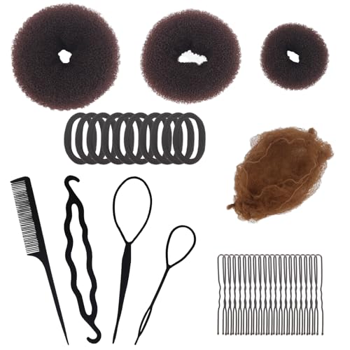 SHEHARUHI Haarknotenformer-Set, 3-teilig, Donut-Haarknotenmacher, 4 braune Dutt-Netze, 4 Pferdeschwanz-Werkzeug, 10 elastische Bänder und 20 Haarnadeln für Frauen von SHEHARUHI