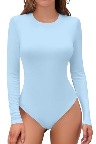 SHEIUGU Damen Ärmellos Langarm Rundhals Gerippt Stretch Slim Fit Tops Bodysuit Basic Jumpsuit, Hell, blau, S von SHEIUGU