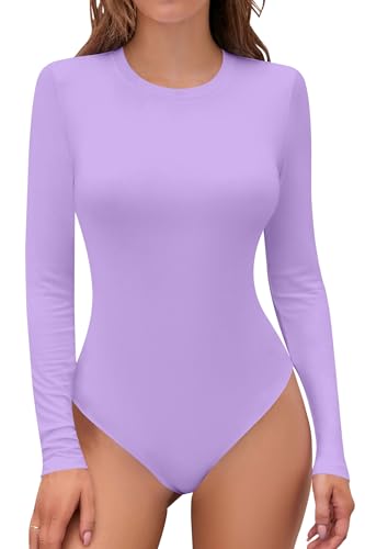 SHEIUGU Damen Ärmellos Langarm Rundhals Gerippt Stretch Slim Fit Tops Bodysuit Basic Jumpsuit, Lavendel, Small von SHEIUGU