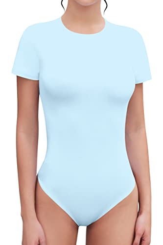 SHEIUGU Damen-T-Shirt, Rundhalsausschnitt, kurze Ärmel, schmale Passform, Basic-Shirt, Bodysuit, Gymnastikanzug, Kurzarm, Hellblau, 02, L von SHEIUGU