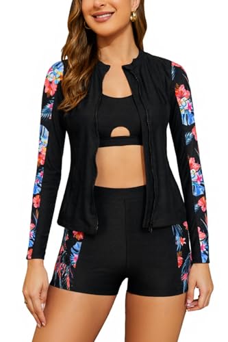 SHEKINI 3-teiliges Damen Rash Guard Tankini Set, Langarm Schwimmshirt mit Reißverschluss, Bikinioberteil, Badeshorts von SHEKINI