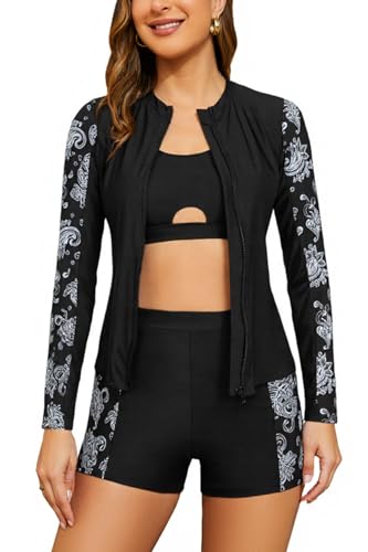 SHEKINI 3-teiliges Damen Rash Guard Tankini Set, Langarm Schwimmshirt mit Reißverschluss, Bikinioberteil, Badeshorts von SHEKINI
