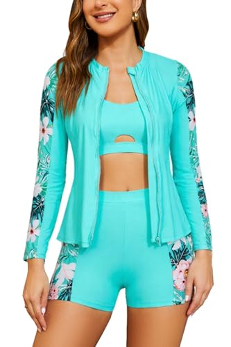 SHEKINI 3-teiliges Damen Rash Guard Tankini Set, Langarm Schwimmshirt mit Reißverschluss, Bikinioberteil, Badeshorts von SHEKINI