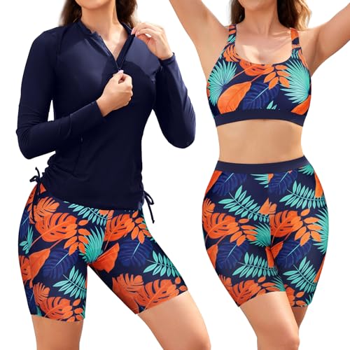 SHEKINI 3-teiliges Rashguard-Badeanzug-Set für Damen integrierter BH Tanktop langärmliges Schwimmshirt mit Reißverschluss Boardshorts-Unterteil von SHEKINI