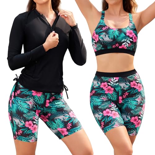 SHEKINI 3-teiliges Rashguard-Badeanzug-Set für Damen integrierter BH Tanktop langärmliges Schwimmshirt mit Reißverschluss Boardshorts-Unterteil von SHEKINI