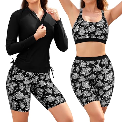SHEKINI 3-teiliges Rashguard-Badeanzug-Set für Damen integrierter BH Tanktop langärmliges Schwimmshirt mit Reißverschluss Boardshorts-Unterteil von SHEKINI