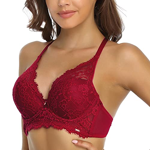 SHEKINI BH Damen mit Bügel Push Up BH Rückenfrei Blumen Spitze Bügel-BH Tiefer Ausschnitt Unterwäsch Bustier Dessous Top Unterwäsche, Weinrot, 34/75C von SHEKINI