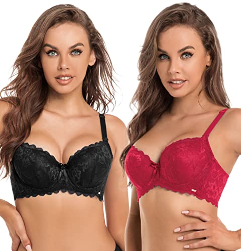 SHEKINI Damen Push-Up BH mit Bügel, Rot, 80C, 2er-Pack von SHEKINI
