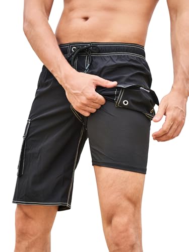 SHEKINI Badehose Herren Schnelltrocknend Boardshorts mit Kompression Liner 2 in 1 | 9" Swim Shorts und Verstellbarem Tunnelzug Surfen Strandhose（30,Schwarz） von SHEKINI