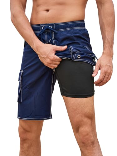 SHEKINI Badehose Herren Schnelltrocknend Boardshorts mit Kompression Liner 2 in 1 | 9" Swim Shorts und Verstellbarem Tunnelzug Surfen Strandhose（40,Dunkelblau） von SHEKINI