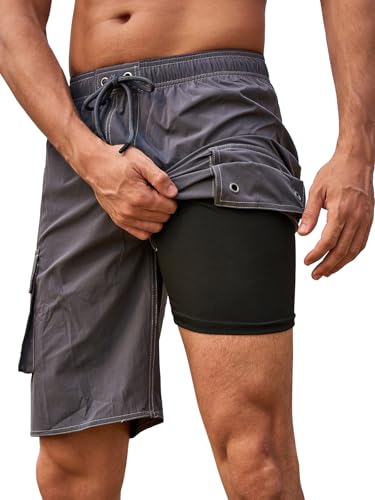 SHEKINI Badehose Herren Schnelltrocknend Boardshorts mit Kompression Liner 2 in 1 | 9" Swim Shorts und Verstellbarem Tunnelzug Surfen Strandhose（40,Grau） von SHEKINI