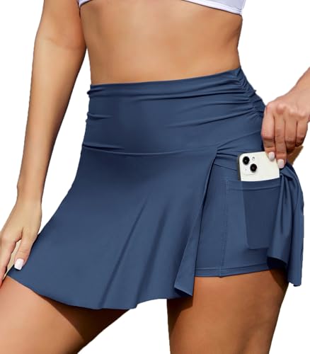 SHEKINI Badehose für Damen Baderock mit Shorts Hohe Taille Ruched Bauchkontrolle Bikinihose Split Schwimmrock Strandbikinis Bademode Bikinirock mit Taschen von SHEKINI