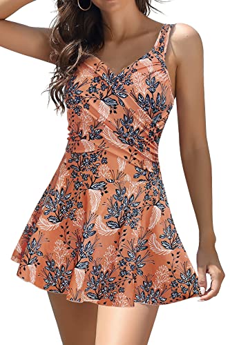 SHEKINI Badekleid Damen Einteiliger Badeanzug Schwimmrock Niedriger Kragen Kreuz Ruched Rückenfrei Bikini Damen Bauchweg Gedruckt Große Größen für Frauen(L,Orange) von SHEKINI