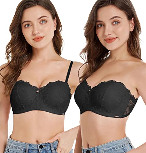 SHEKINI Balconette BH Push up Bügel-BH Trägerloser BH Gepunkteter Spitzen-BH Verstellbare und Abnehmbare Schultergurte 2 Haken 2er Pack(Schwarz,80B) von SHEKINI