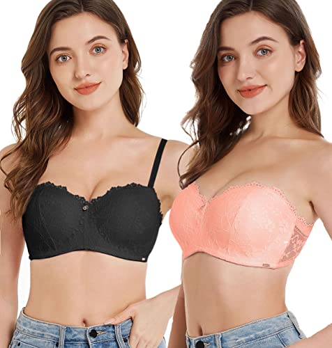 SHEKINI BH Damen Trägerloser BH mit Bügel Spitze BH Rückenfrei Bandeau Balconette BHS mit Abnehmbare Trägern 2er Pack von SHEKINI