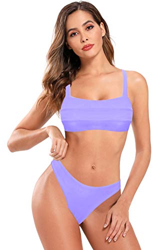 SHEKINI Bandeau Bikini Damen Set Breite Schultergurte Bikinioberteil Sexy Low Waist Bikinihose Gepolstert Badeanzug Damen (Lila, S) von SHEKINI