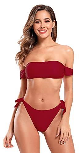 SHEKINI Bandeau Bikini Damen Set Schulterfrei Zweiteiliger Badeanzug Sexy Tanga Abnehmbare Schulterträger Bikini für Damen(L, Weinrot) von SHEKINI