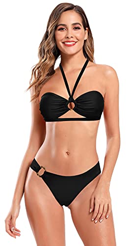 SHEKINI Bandeau Damen Bikini Set Badeanzug mit Ring Verstellbar Neckholder Bikinioberteil Zweiteiliger Bademode Low Waist Triangel Bikinihose Swimsuit (Schwarz, S) von SHEKINI