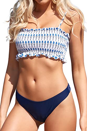 SHEKINI Bikini Damen Bandeau Abnehmbarer Schultergurt Elastisch Ruched Bikinioberteil Verstellbar Bikini Set Triangel Bikinihose Bademode Strandbikini(L,Dunkelblau) von SHEKINI