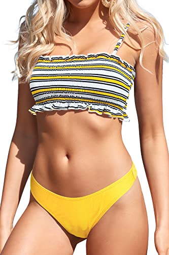 SHEKINI Bikini Damen Bandeau Abnehmbarer Schultergurt Elastisch Ruched Bikinioberteil Verstellbar Bikini Set Triangel Bikinihose Bademode Strandbikini(L,Gelb) von SHEKINI