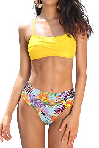 SHEKINI Bikini Damen Set Crossover Schnürung Bandeau Bikinioberteil verstellbar Gedruckt High Waist Bikinihose Bademode (Gelb, L) von SHEKINI