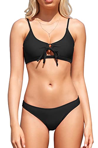 SHEKINI Damen Bikini Set Cut Out Bustier Raffungen Bikini Oberteil Verstellbar Zweiteiliger Badeanzug Triangel Bikinihose Bademode für Frauen(S,Schwarz) von SHEKINI