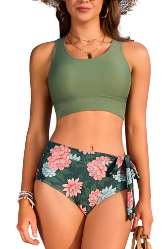 SHEKINI Bikini Damen Set Hohe Taille Sexy Cheeky Bikini Damen Sport Bikinis für Damen mit Knoten(S, Olivgrün + Druck) von SHEKINI