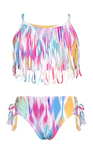 SHEKINI Bikini Mädchen Zweiteilige Badeanzug Retro Quaste Tankini Set Teenager Chic Badeanzug Mädchen für 6-14 Jahre (12-14 Jahre,Tie dye) von SHEKINI