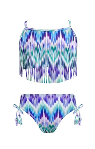 SHEKINI Bikini Mädchen Zweiteilige Badeanzug Retro Quaste Tankini Set Teenager Chic Badeanzug Mädchen für 6-14 Jahre (12 Jahre, Violett Grün Gradient) von SHEKINI