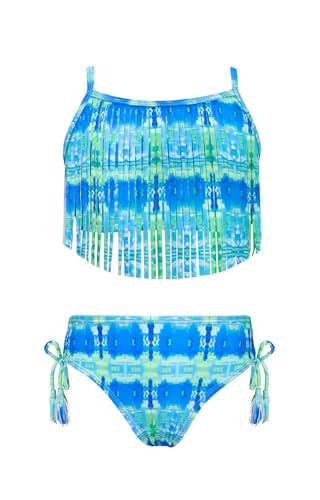 SHEKINI Bikini Mädchen Zweiteilige Badeanzug Retro Quaste Tankini Set Teenager Chic Badeanzug Mädchen für 6-14 Jahre (8 Jahre, Blau Grün) von SHEKINI