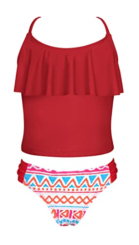 SHEKINI Bikini Mädchen Zweiteilige Badeanzuge Rüschen Langes Tankini Oberteil mit Triangle Badehose Bikini Kinder Teenager für 6-14 Jahre (10-12 Jahre,Rot) von SHEKINI