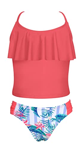 SHEKINI Bikini Mädchen Zweiteilige Badeanzuge Rüschen Langes Tankini Oberteil mit Triangle Badehose Bikini Kinder Teenager für 6-14 Jahre (10-12 Jahre,Wassermelone Rot) von SHEKINI