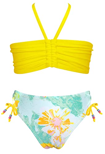 SHEKINI Bikini Mädchen Zweiteiliger Badeanzug Gesmokte Verstellbarer Zugband Bandeau Neckholder Bademode mit Triangel Gedruckt Hawaiian Badehose für 6-14 Jahre(6-8 Jahre,Gelb) von SHEKINI