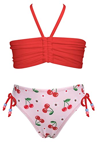 SHEKINI Bikini Mädchen Zweiteiliger Badeanzug Gesmokte Verstellbarer Zugband Bandeau Neckholder Bademode mit Triangel Gedruckt Hawaiian Badehose für 6-14 Jahre(6-8 Jahre,Rot) von SHEKINI