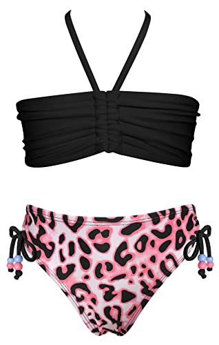 SHEKINI Bikini Mädchen Zweiteiliger Badeanzug Gesmokte Verstellbarer Zugband Bandeau Neckholder Bademode mit Triangel Gedruckt Hawaiian Badehose für 6-14 Jahre(6-8 Jahre,Schwarz) von SHEKINI