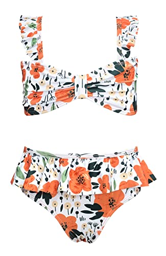 SHEKINI Bikini Mädchen Zweiteiliger Badeanzug Hawaiian Gedruckt Rüschen Bademode mit Sommer Hohe Taille Teenager Badehose für 6-14 Jahre(12-14 Jahre,Orange) von SHEKINI