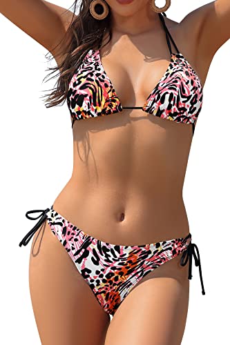 SHEKINI Bikini Set Damen Ties-up Neckholder klassischer Triangel Bikinioberteil Bedruckter Bikini Damen Sexy Triangel Verstellbare Bikinihose(M,Leoparden-Print) von SHEKINI