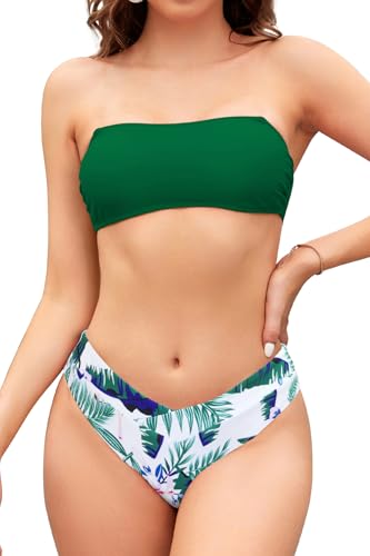 SHEKINI Bikini Set Damen Verstellbar Bandeau Halter Spitze Bikini V Schnitt Bikinihose Zweiteilige Badeanzug (Small, Grün) von SHEKINI