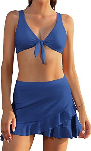 SHEKINI Bikini-Set mit Bindeband vorne gepolstert und Rock, hohe Taille, integriertes Bikini-Set für Damen, blau, S von SHEKINI
